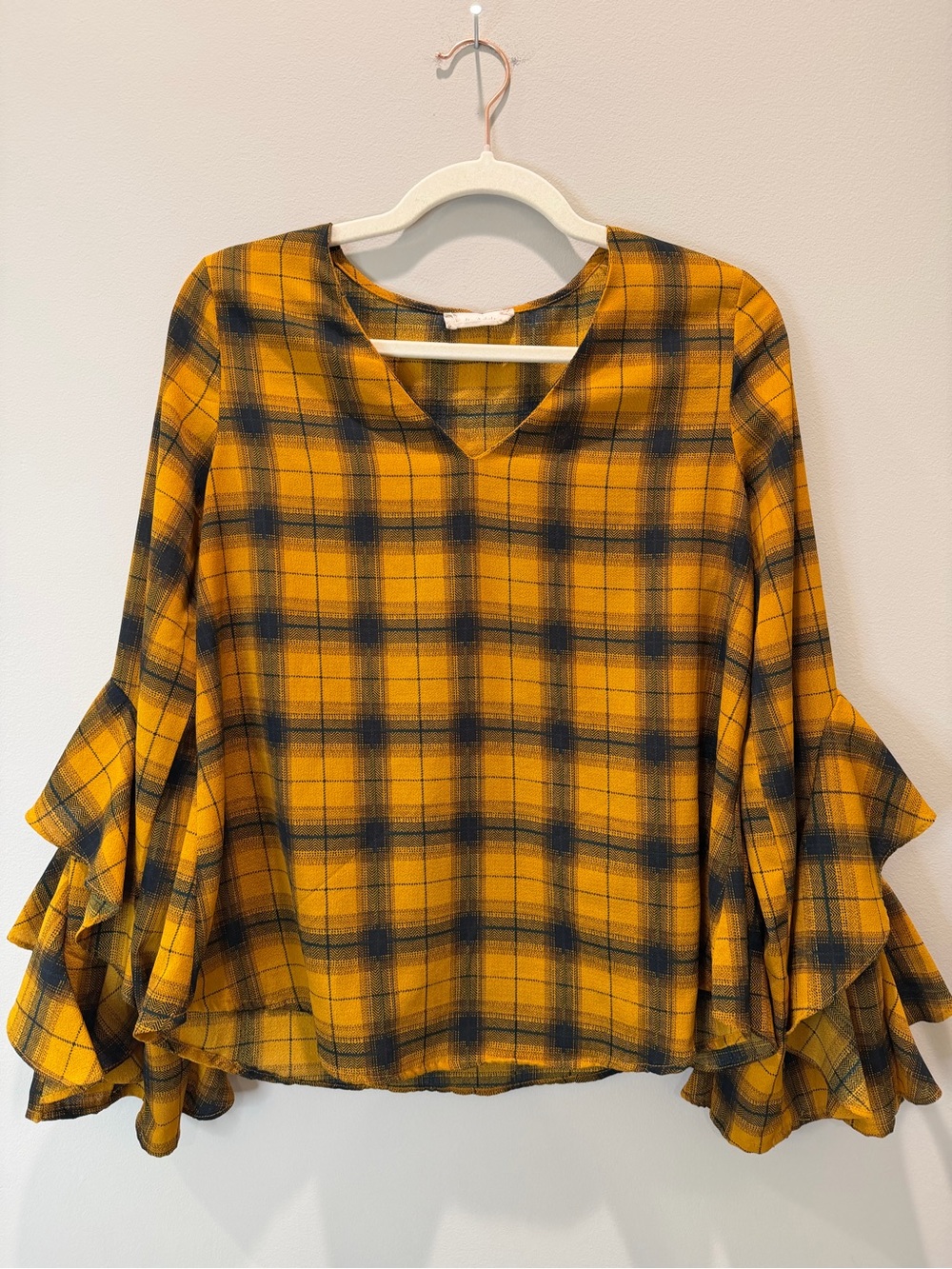 Plaid Ruffle Sleeve V-Neck Top - Mustard Yellow